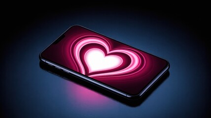 Modern smartphone displaying a vibrant heart design on its screen isolated on a transparent background