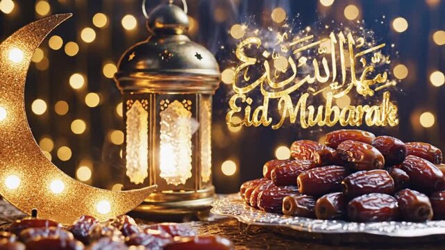 A decorative crescent moon and lantern illuminate a setting with dates on a plate and celebratory golden script
