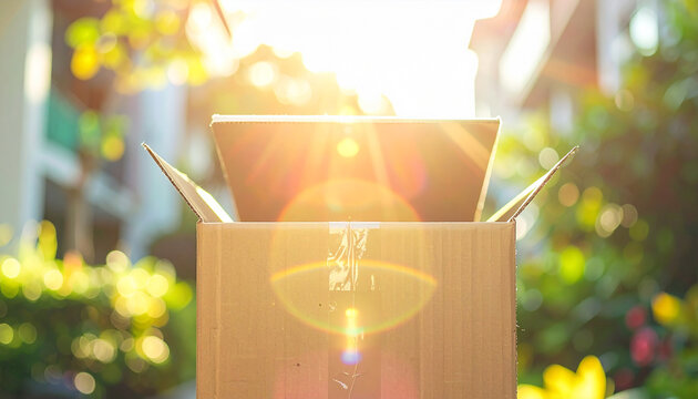 Laptop in a Box, Sunlit : An open cardboard box reveals a laptop inside. The scene is illuminated by the sunlight, casting a warm glow and creating an inviting feel.