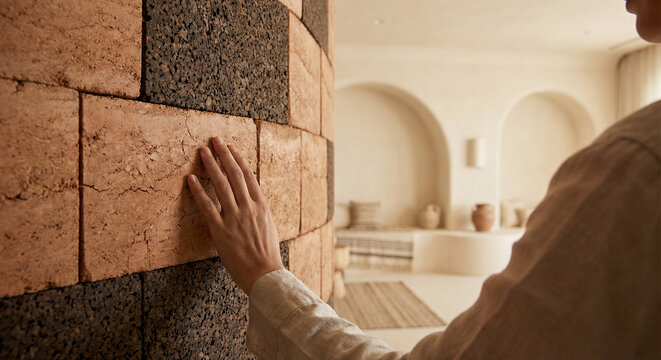 Modern interior detail with compressed earth blocks and acoustic cork panels