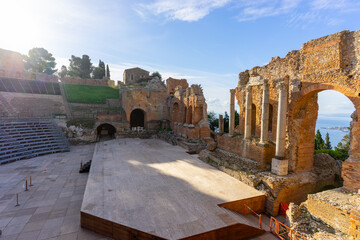 The famous greek Theater of Taormina (Sicily, Italy) at sunrise in the early morning hours