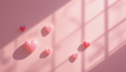 Small 3D Pink Hearts on Pastel Surface with Soft Geometric Window Shadows for Minimalist Romance,  Glowing red heart outlines with light painting effect on a dark background for Valentine's Day	
