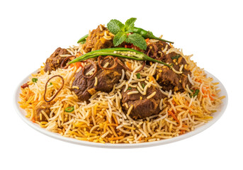 lamb biryani plate with saffron rice, fried onions, and mint