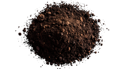 Close-up of rich, dark brown soil with small rocks and varying textures on black