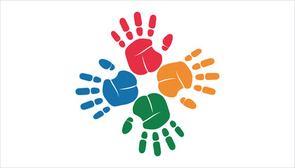 Obraz premium Colorful handprints in circle red blue green orange on white background