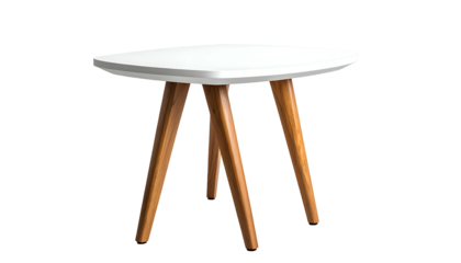 A modern side table featuring a white triangular top and three wooden tapered legs