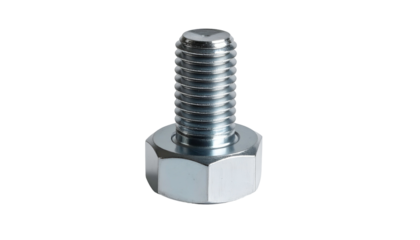 Close-up of a shiny, metallic bolt with a hexagonal head, isolated on black