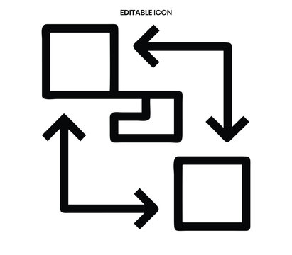 A black and white icon depicting a cyclical process with arrows and rectangular shapes
