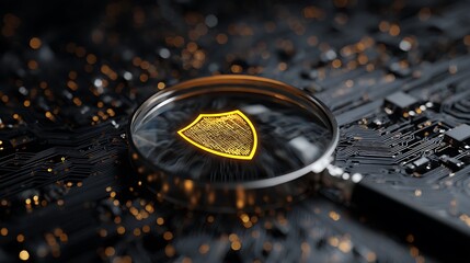 A detailed close-up of a magnifying glass highlighting a digital shield on a circuit board