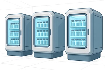 Row of modern laboratory freezers with glass doors filled with test tubes, standing in a bright sterile room, symbolizing medical storage, biotechnology research and cold chain safety.