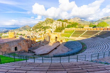The famous greek Theater of Taormina (Sicily, Italy) at sunrise in the early morning hours