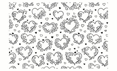 Fototapeta premium A seamless pattern of ornate hearts. Each heart is uniquely decorated with intricate swirls, flourishes, and small heart outlines, giving it a romantic and decorati