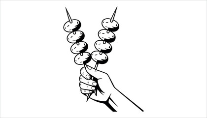 Hand holding two skewers of round food cooking barbecue on white background.