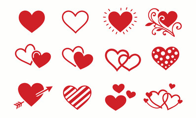 A collection of twelve red heart illustrations arranged in a grid on a white background. The hearts showcase various styles and designs, including solid shapes, outlines, and pattern