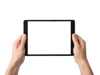 Hands holding tablet device isolated on transparent background