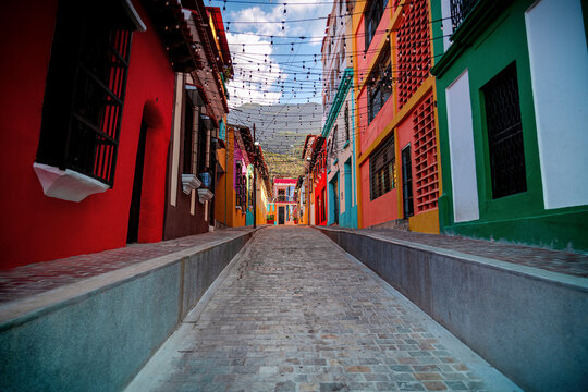 Narrow colorful street in La Guaira, a picturesque fishing town, Caracas District, Venezuela.