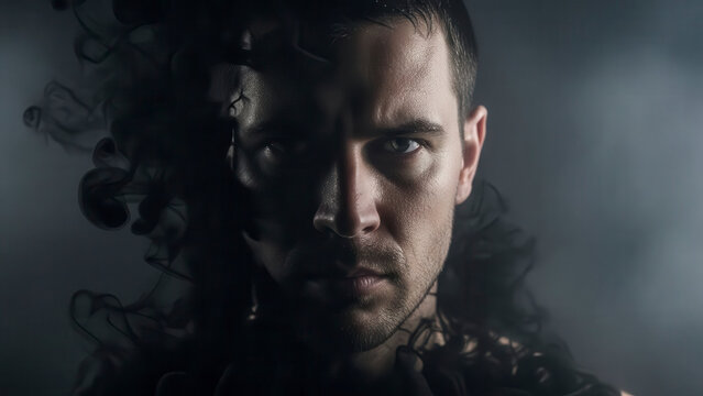 Man with intense gaze and smoky shadows on face