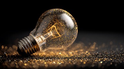 Glowing light bulb with golden glitter resting on a reflective black surface