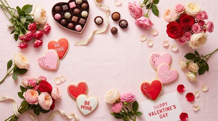 Valentine's Day Pink Background with Heart Cookies, Chocolate Box, and Rose Flowers