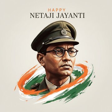 Happy netaji jayanti greeting card with a portrait illustration of subhas chandra bose