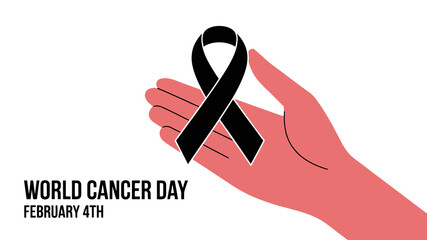 World Cancer Day Black Ribbon Hand Awareness Vector Illustration