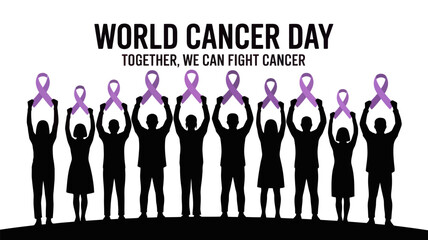 World Cancer Day Purple Ribbon Unity Silhouette Awareness Vector Illustration