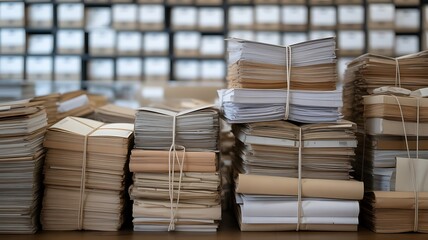 Numerous stacks of old bound documents and papers are neatly arranged on a table in an archival storage room