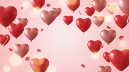 Floating Red and Pink Heart Balloons with Bokeh Lights on Pink Background