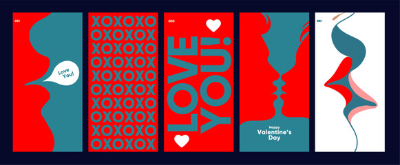 A vibrant set of Valentine's Day themed designs featuring bold red and teal colors. The images include romantic messages like 'Love You!' and 'Happy Valentine's Day' with abstract shapes and patterns.