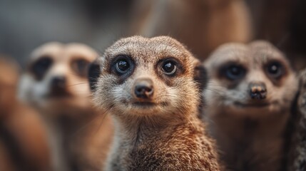 Meerkat Trio Portrait: A captivating portrait of three meerkats, their curious eyes meeting the viewer, conveying a sense of communal alertness and the inherent charm of these small, social animals.