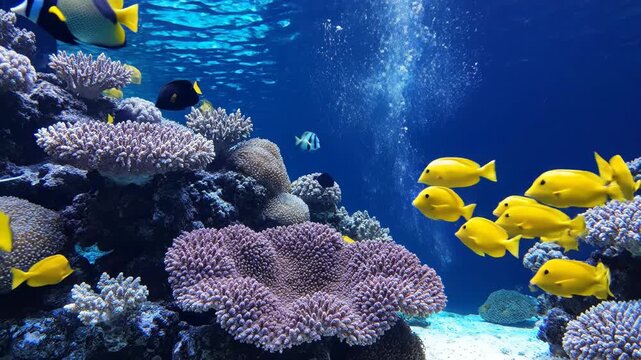 School of yellow fish swimming near coral reef in ocean water