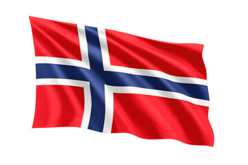 Fototapeta premium Norway national flag, a red banner with a blue nordic cross bordered in white, waving smoothly on a transparent background