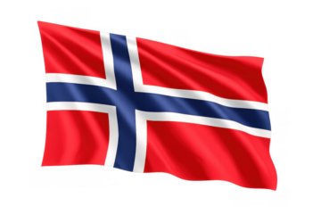 Norway national flag, a red banner with a blue nordic cross bordered in white, waving smoothly on a transparent background
