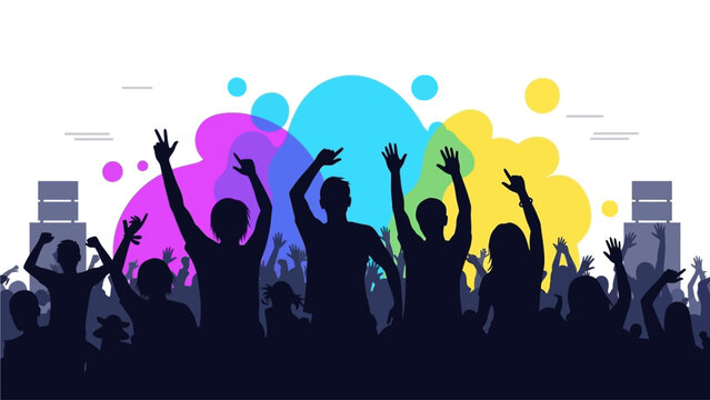 A dynamic flat design illustration capturing the vibrant energy of a music festival crowd, with people dancing and enjoying the live performance under colorful stage lights.