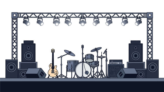 This flat design illustration showcases the essential equipment for a music festival stage, including instruments, speakers, and lighting, ready for a performance.
