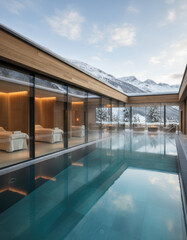 Fototapeta premium Contemporary architectural spa design featuring a reflecting pool and mountain vista view