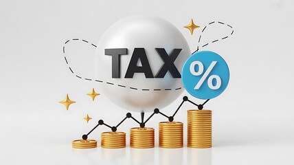 TAX on white sphere, blue percentage symbol, rising gold coins, upward graph, golden stars