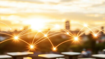 Beautiful sunset over a cityscape with connecting network lines symbolizing technology and communication advancement