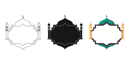 Islamic Mosque Frame Designs Vector Set in Three Styles &mdash; Line Art, Silhouette and Color Version for Islamic Design, App UI, Posters and Branding
