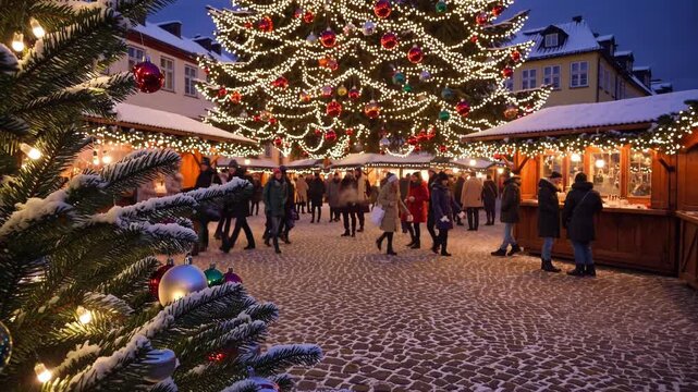 evening christmas market square with giant decorated tree, illuminated stalls, snow-dusted evergreen foreground, crowds strolling under warm lights, cozy wooden booths selling crafts and seasonal
