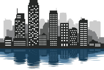 Stylized cityscape, urban skyline, high-rise buildings, architectural design, black silhouette, water reflection, modern city, perspective depth, artistic skyline, illustration © Moyuri