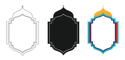 Three Islamic Frame Vector Set in Three Styles &mdash; Line Art, Silhouette and Color Version for Islamic Design, App UI, Posters and Branding