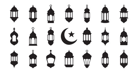 Various islamic lantern silhouettes with moon and star symbols for ramadan and eid festive designs