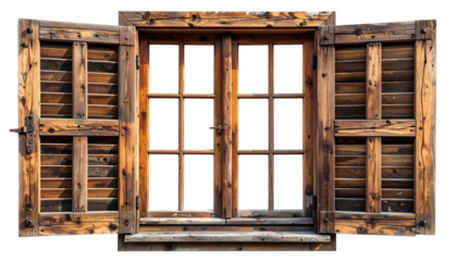Rustic wooden window frame with open shutters; light shines through panes