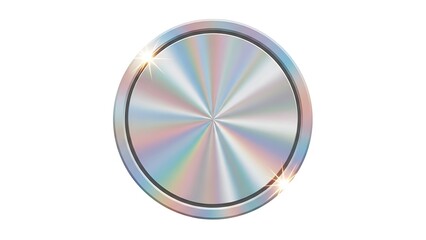 Iridescent metallic disk with star flares on white background shows holographic effect and radial gradient texture
