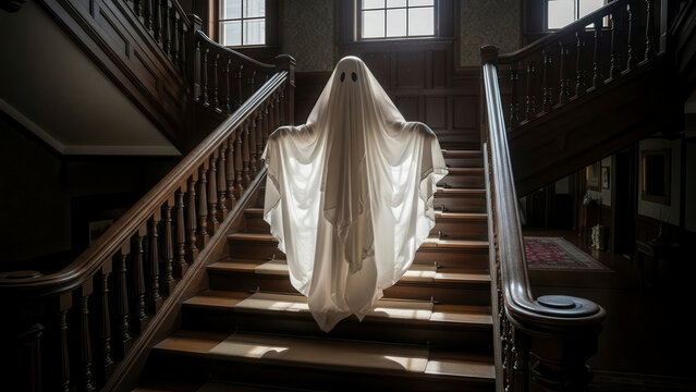 Spooky ghost in white sheet standing on old wooden staircase