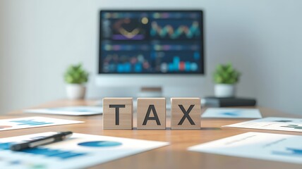 Wooden blocks spelling TAX sit on a desk surrounded by financial charts and a computer screen