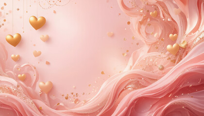 Elegant Pink Satin Background with Flowing Silk Waves and Floating Golden Hearts, Glowing red heart outlines with light painting effect on a dark background for Valentine's Day	