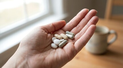 a close up view of a human hand holding a small collection of various pills and capsules near a window and mug