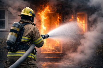 Naklejka premium Firefighter spraying water to extinguish burning house fire with heavy smoke